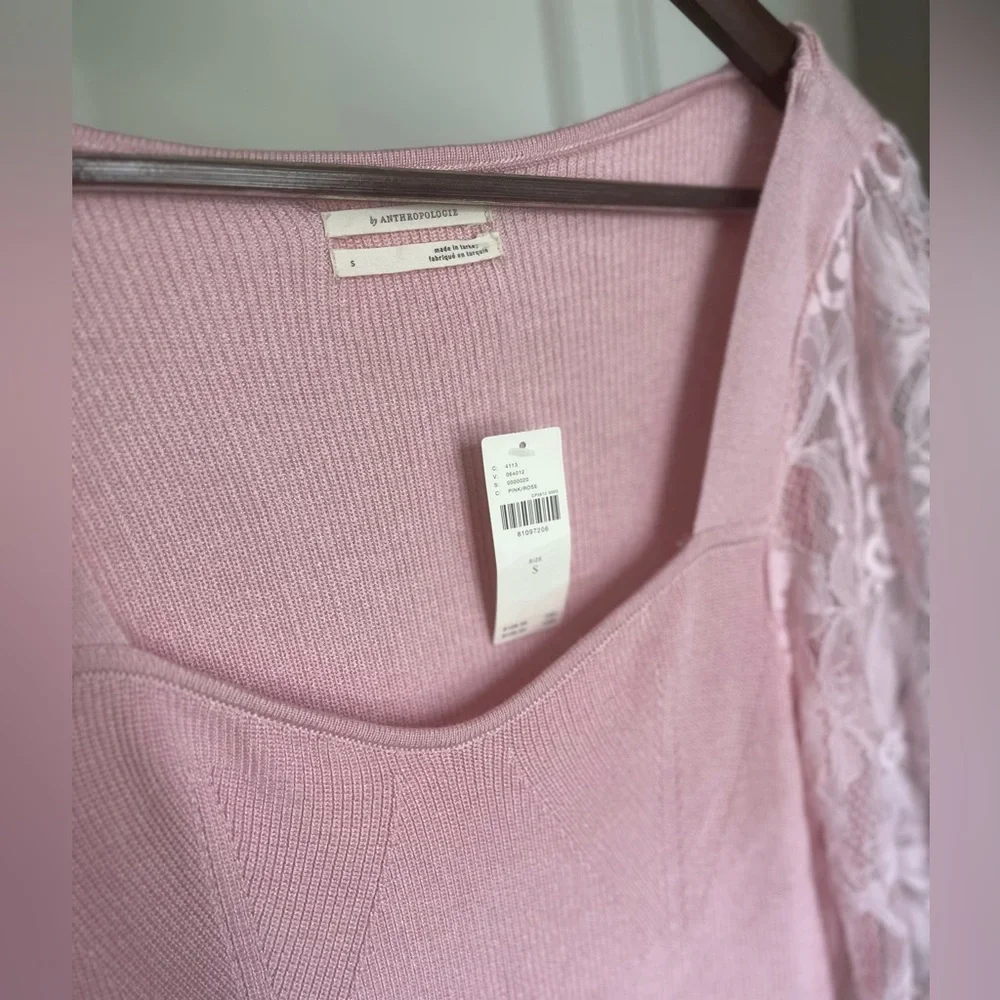 NWT Anthropologie Gayla Pink Lace Puff Sleeve Bodice Knit Sweater